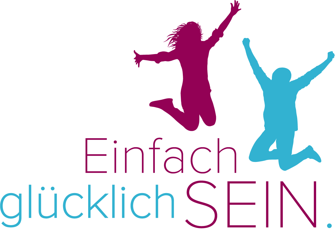 Zwei springende Silhouetten in Rot und Blau mit dem Text "Einfach glücklich SEIN."
